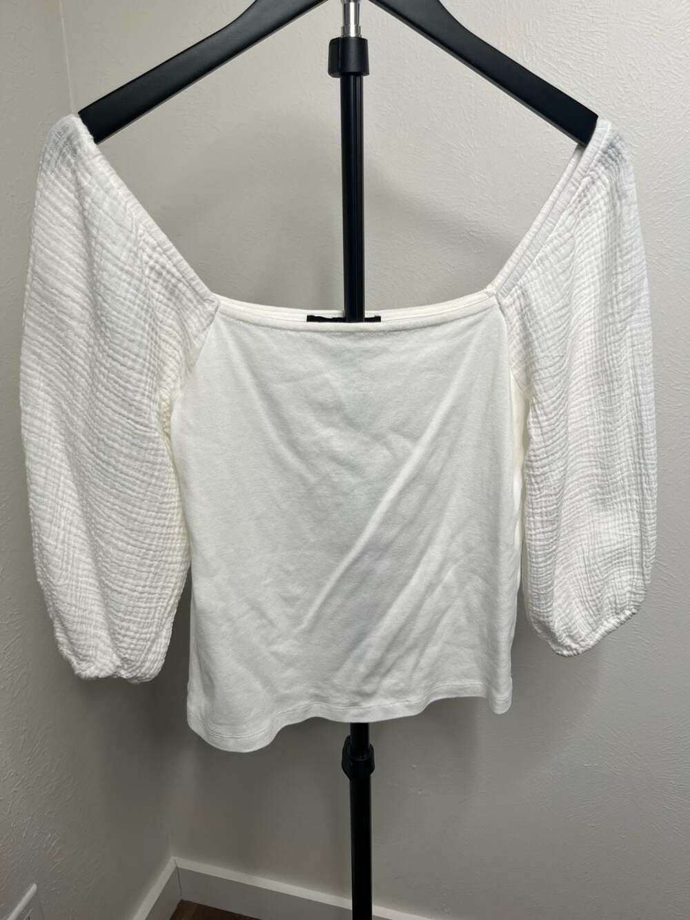 Off-White Cotton Square Neck Puff Sleeve Top Romantic Cottagecore Blouse